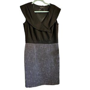 Tahari size 8 black print sleeveless wide collar v neck side zip dress